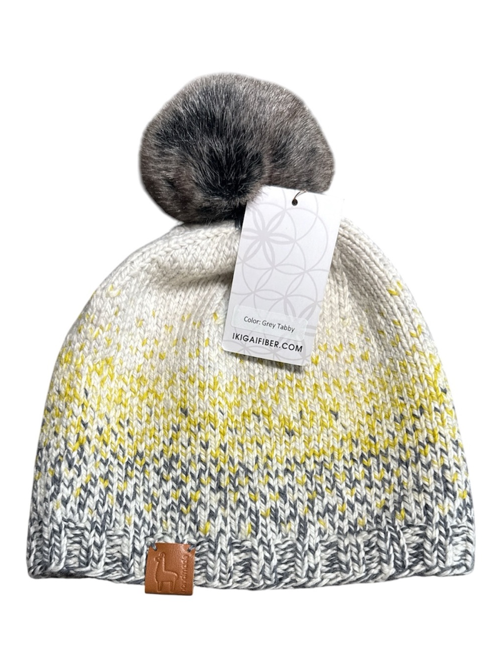 Ikigaifiber Ombre Knit Pom Beanie - White, Gray & Yellow